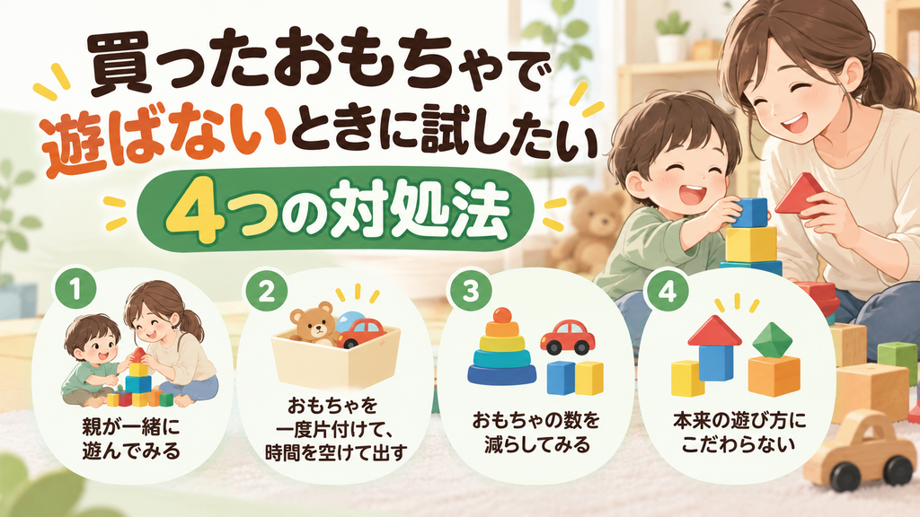 買ったおもちゃで遊ばないときに試したい4つの対処法アイキャッチ