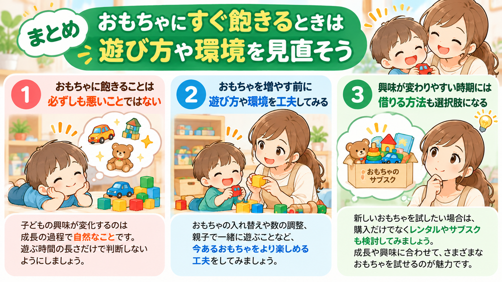 まとめ|おもちゃにすぐ飽きるときは遊び方や環境を見直そうアイキャチ