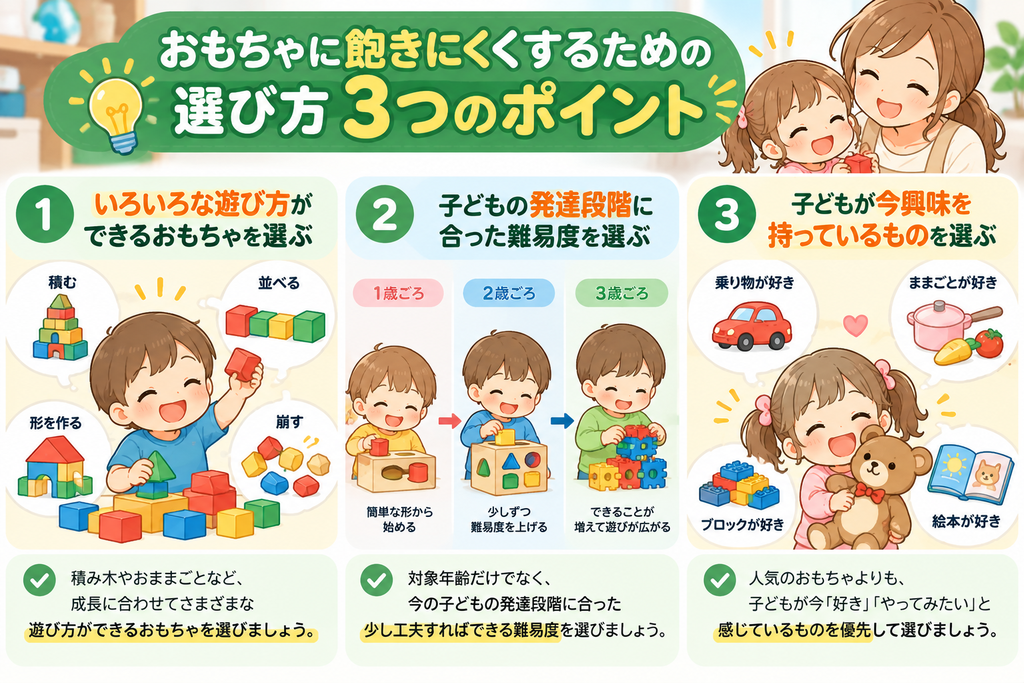おもちゃに飽きにくくする3つのポイント図解