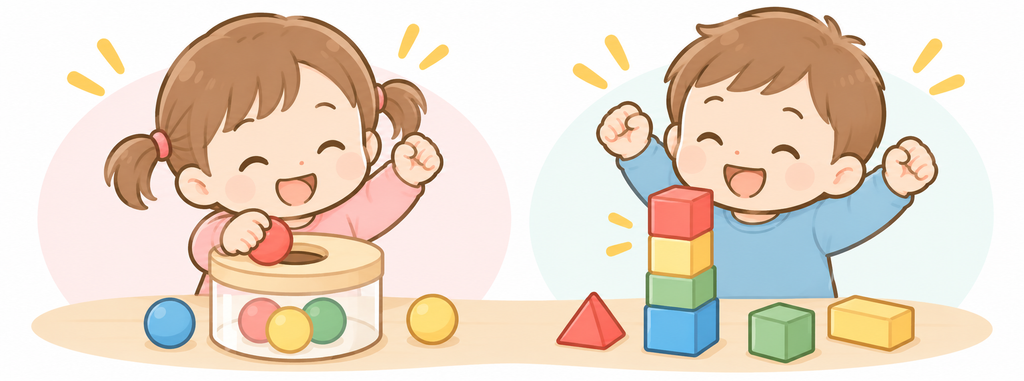 成功して喜んでいる1歳のこども