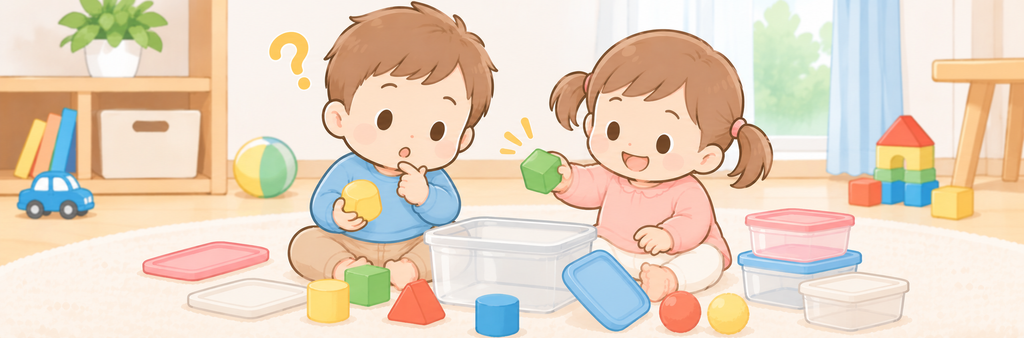 タッパーで遊んでいる男の子女の子
