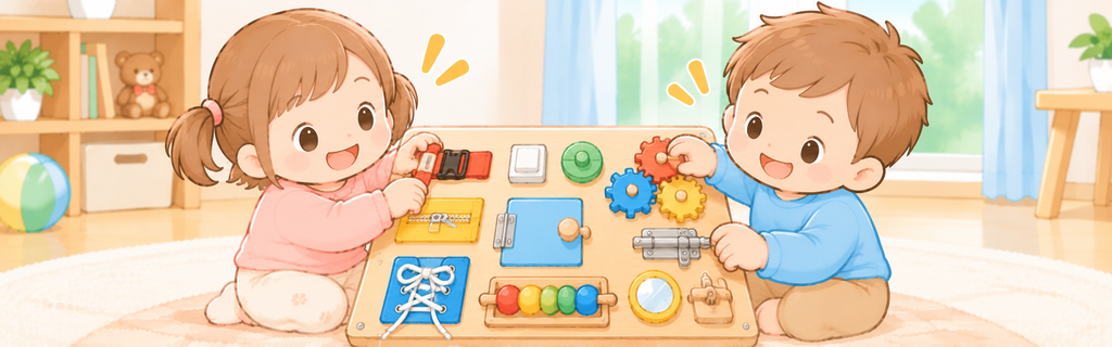 ビジーボードで遊ぶ子ども