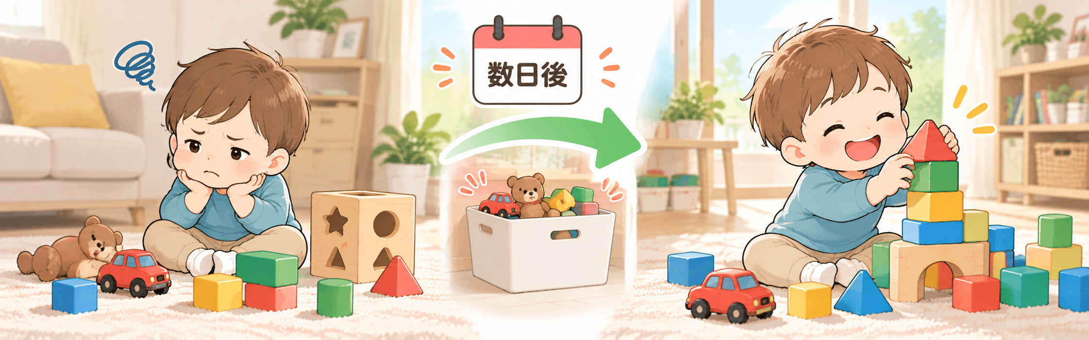 ② おもちゃを一度片付けて、時間を空けて出す説明画像
