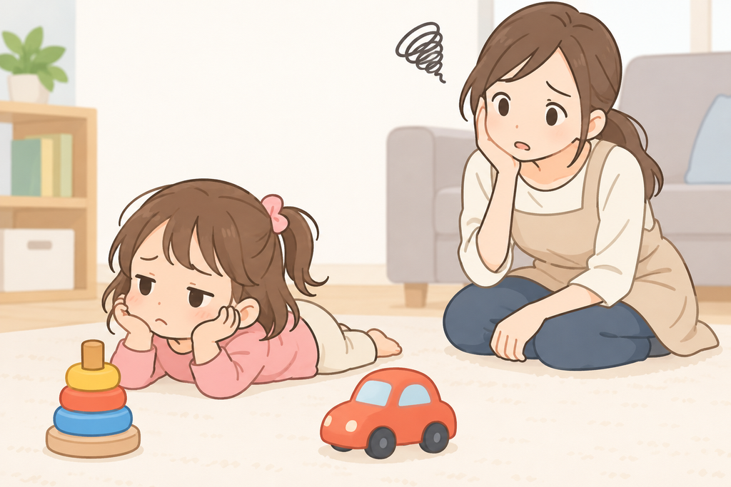 子どもがおもちゃに飽きて遊んでくれず、母親が困っている様子